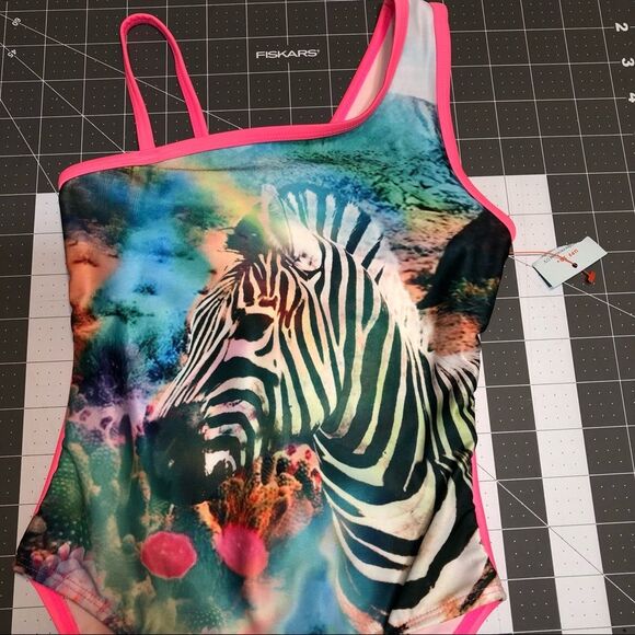 NWT Cat &Jack Zebra One-Piece Girl’s Bathsuits Swimsuit Multicolor Pink Teal 4/5 - Picture 6 of 13